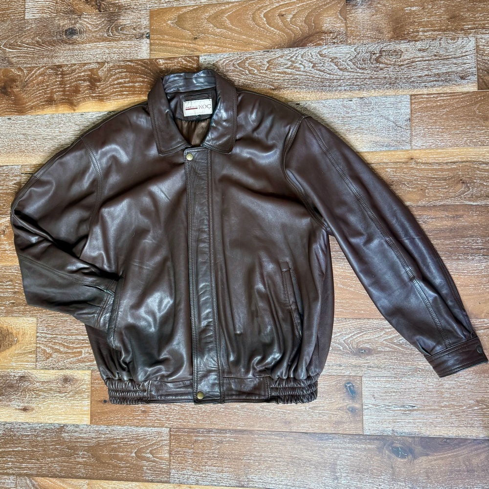Vintage KOC Leather Men's Brown Leather Lined Bomber Jacket / Size Large